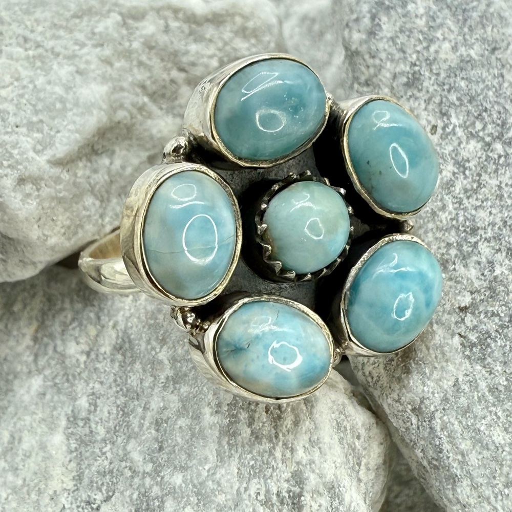 Sterling Silver Larimar Floral Cluster Ring Size 10 Boho Southwestern 925 - Picture 6 of 17
